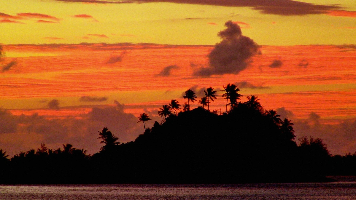 White-sand motu beach with palm trees on the full day Bora Bora lagoon cruise lunch stop, French Polynesia